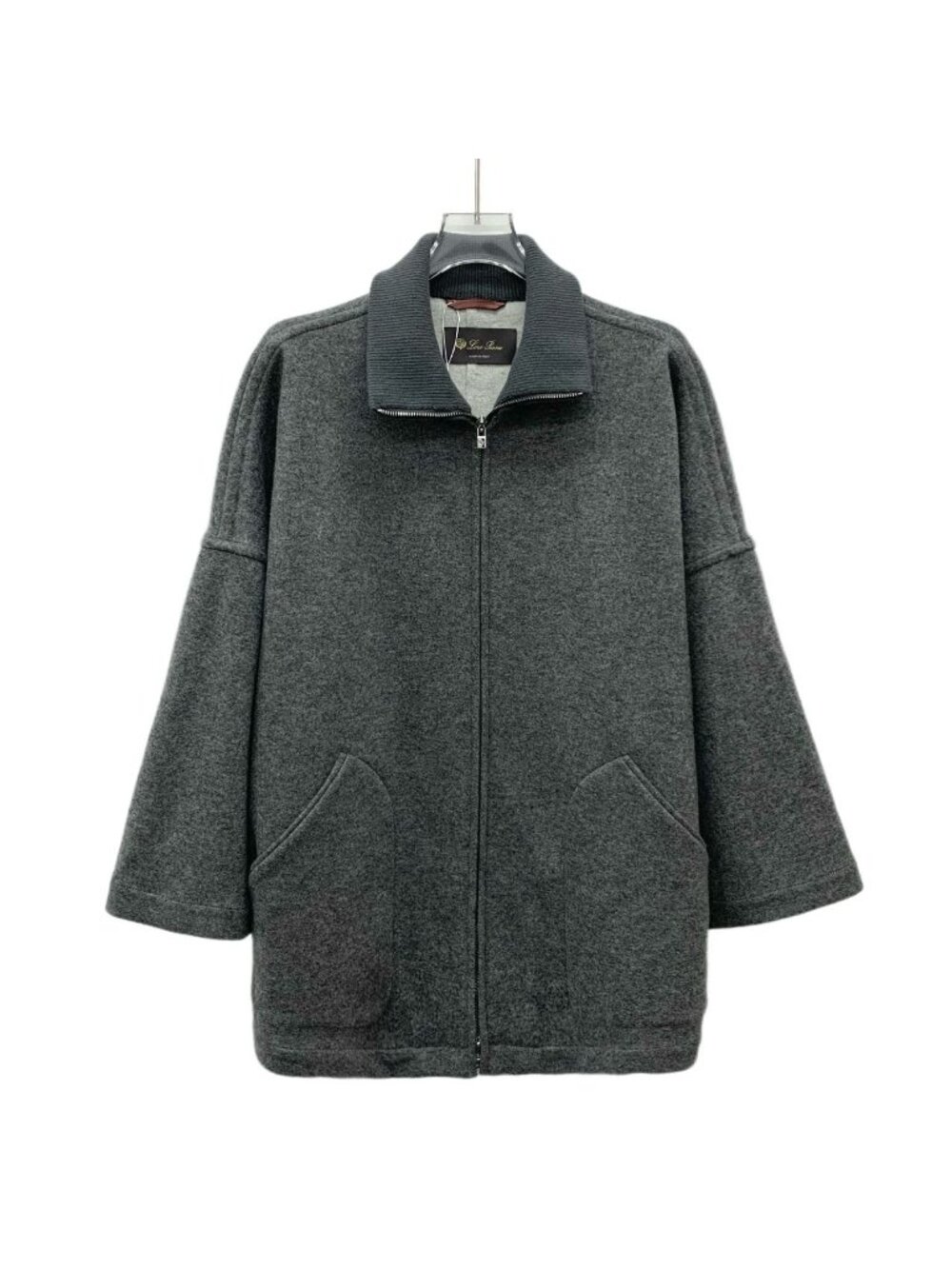 Loro Piana Dark Grey Cashmere Collared Zip Knit Jacket